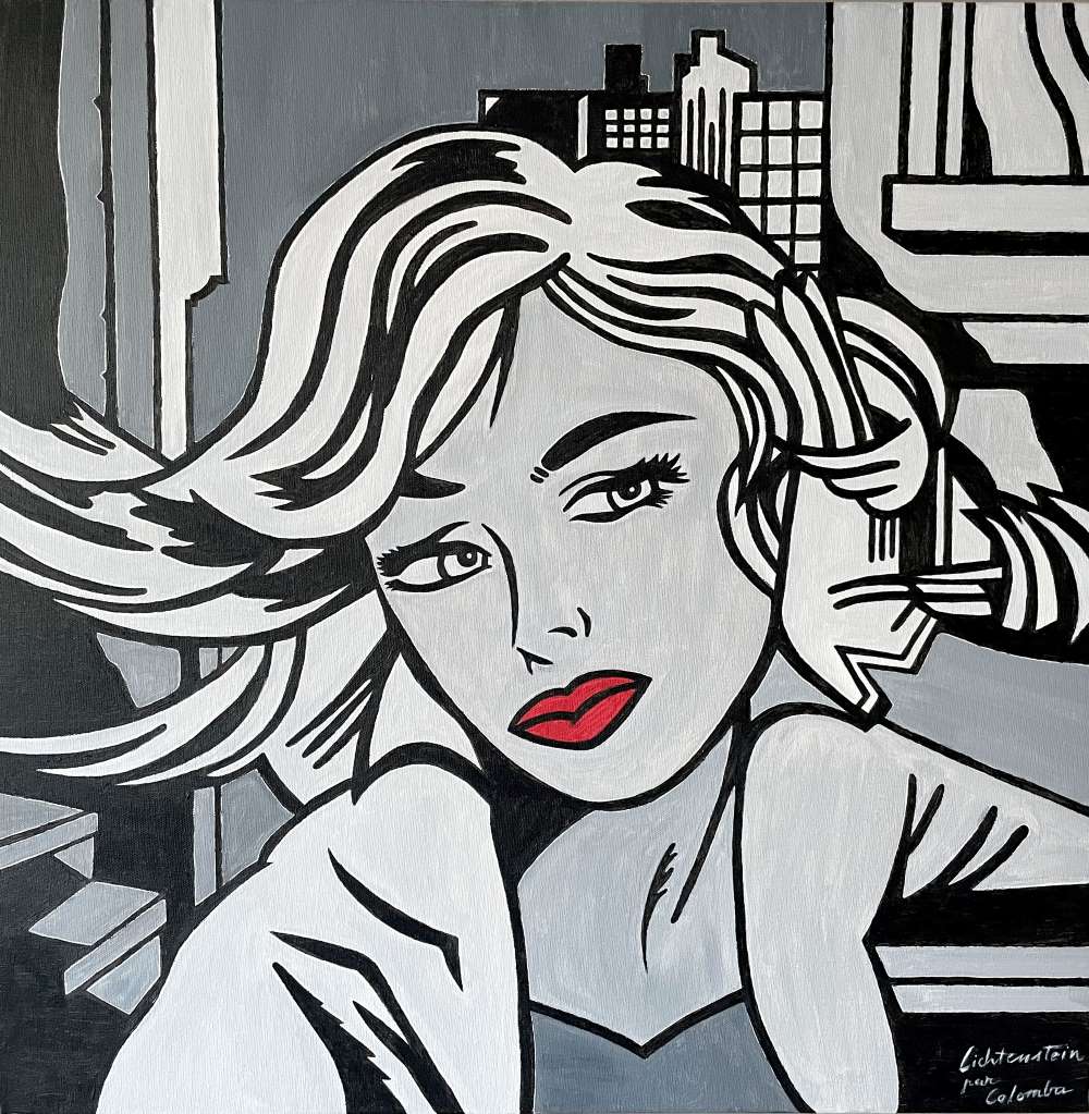 Le tableau réalisé en 1965 montre une jeune femme blonde sur fond de ville américaine, dont les pensées et inquiétudes sont transcrites dans un phylactère « M-Maybe he became ill and couldn't leave the studio ». On devine des gratte-ciels très schématisés, avec un cadrage serré, centré sur le buste de la jeune femme. Des traits noirs et nets figurent les contours de sa chevelure et ses mèches. Elle pose sa tête sur sa main gauche gantée, plongée dans ses pensées. Elle porte une veste blanche dont le col est remonté. Son visage est stéréotypé : beaux yeux, bouche pulpeuse, répondant aux standards de la pin-up des bandes dessinées romantiques de l’époque dont cette peinture est inspirée.