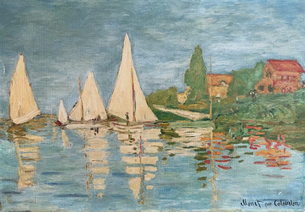 Argenteuil, le dimanche, est la destination des parisiens. L’attraction principale sont les régates que se livrent les voiliers. Monet pose son chevalet au bord de la Seine sur la rive du Petit Gennevilliers pour représenter leur mise à flots. Dans l’eau, le ciel, les bateaux et la rive se miroitent et la perception du reflet devient aussi concrète que la perception des choses. Monet s’attache à la lumière de l’instant, il est captivé par les jeux de l’eau et de la lumière « Je veux faire de l’insaisissable. C’est épouvantable cette lumière qui se sauve en emportant la couleur ». Il peint par touches fragmentées pour rendre l’effet de mobilité. Ce tableau est une remarquable leçon « d’impressionnisme ». 