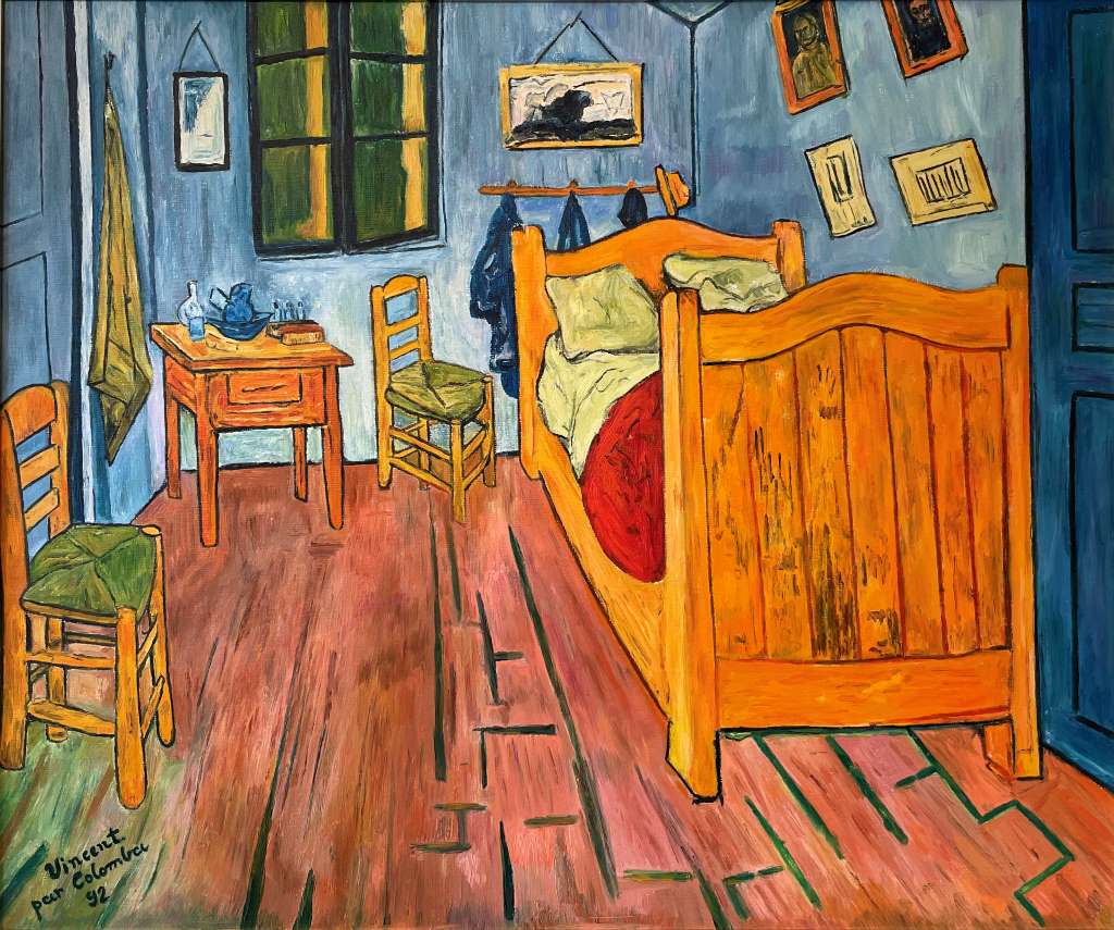 Ce tableau remonte à octobre 1888, pendant le séjour de Van Gogh à Arles. C’est là qu’il ‘trouve’ sa couleur, et il en reste fasciné. La chambre - son sombre logis - s’allonge en une perspective inouïe et chaque tonalité s’insère au bon endroit pour définir, plutôt qu’un aspect réel, une expérience de l’esprit « C’est cette fois-ci ma chambre à coucher, seulement la couleur doit ici faire la chose, et en donnant par sa simplification un style plus grand aux choses, être suggestive du repos ou du sommeil en général » …/… « Les murs lilas pâle, le sol d’un rouge rompu et fané, les chaises et lit jaune de chrome, les oreillers et le drap citron vert très pâle, la couverture rouge sang, la table à toilette orangée, la cuvette bleue, la fenêtre verte. J’avais voulu exprimer un repos absolu par tous ces tons divers ».