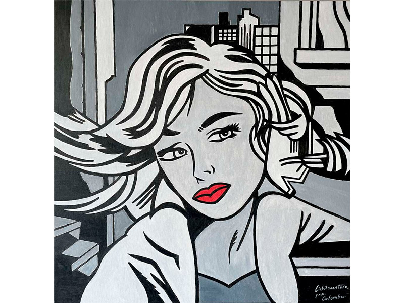 Le tableau réalisé en 1965 montre une jeune femme blonde sur fond de ville américaine, dont les pensées et inquiétudes sont transcrites dans un phylactère « M-Maybe he became ill and couldn't leave the studio ». On devine des gratte-ciels très schématisés, avec un cadrage serré, centré sur le buste de la jeune femme. Des traits noirs et nets figurent les contours de sa chevelure et ses mèches. Elle pose sa tête sur sa main gauche gantée, plongée dans ses pensées. Elle porte une veste blanche dont le col est remonté. Son visage est stéréotypé : beaux yeux, bouche pulpeuse, répondant aux standards de la pin-up des bandes dessinées romantiques de l’époque dont cette peinture est inspirée.