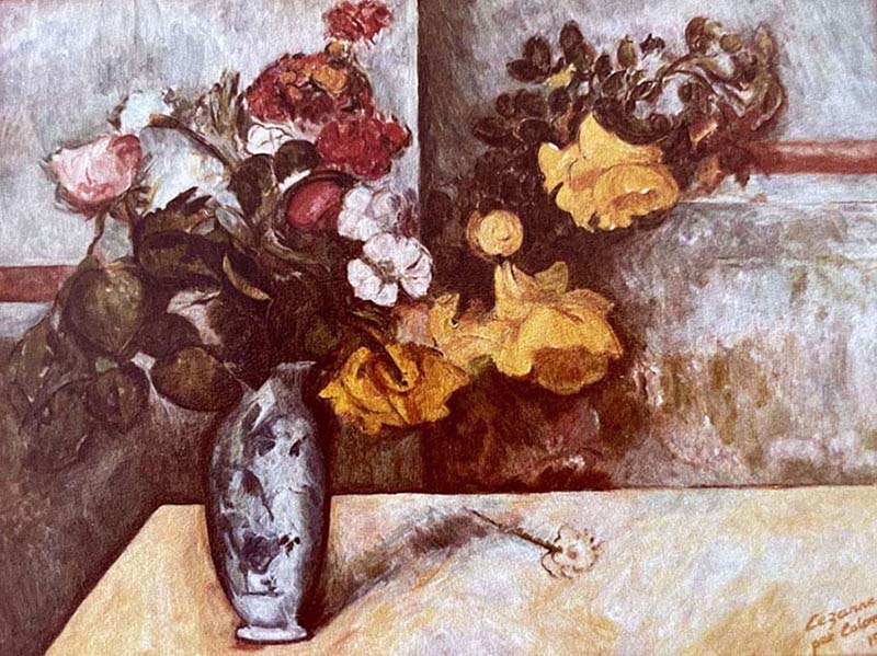 Cette nature morte peinte vers 1888 surprend par une ambiguïté mal résolue. Les fleurs sont disposées de chaque côté du vase posé en décalé au bord de la table. Le bouquet occupe l’espace et projette une ombre indiquant que la table est en trois dimensions. Les fleurs jaunes grimpent sur une diagonale qui semble prolonger la table. On ne sait plus si l’on regarde une ligne dans l’espace ou sur une surface. La tension de la diagonale est toutefois modérée avec le tracé à peine esquissé d’une fleur tombée.